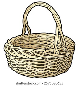 Hand-drawn vector illustration of an empty woven wicker basket with a handle. Traditional rustic design, perfect for farm, market, picnic, or eco-themed designs and craft projects