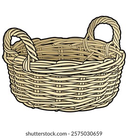 Hand-drawn vector illustration of an empty woven wicker basket with handles. Traditional rustic design, perfect for farm, market, picnic, or eco-themed designs and craft projects