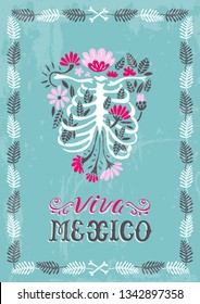 Hand-drawn vector illustration  in ethnic mexican style. Viva Mexico