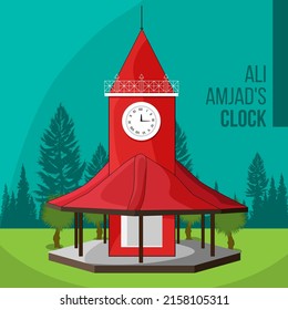 Hand-drawn vector illustration of famous landmark Ali Amjad's Clock House with a nature background. 