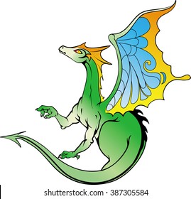 Hand-drawn vector illustration of a fantasy character green dragon with colorful wings.