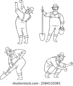 Hand-drawn vector illustration of farmers in different styles. Includes traditional, cartoon, and modern characters with farming tools. Perfect for agriculture, rural life, organic food. 