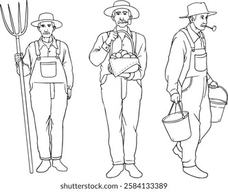 Hand-drawn vector illustration of farmers in different styles. Includes traditional, cartoon, and modern characters with farming tools. Perfect for agriculture, rural life, organic food. 