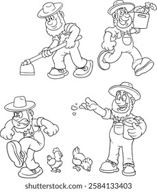 Hand-drawn vector illustration of farmers in different styles. Includes traditional, cartoon, and modern characters with farming tools. Perfect for agriculture, rural life, organic food. 