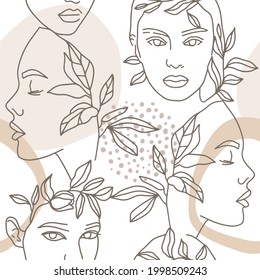 Hand-drawn vector illustration, fashion sketch. Girls faces, branches of plants. Abstract shapes of pastel beige colors and dots. Seamless pattern design, background, print. Women's beauty and nature