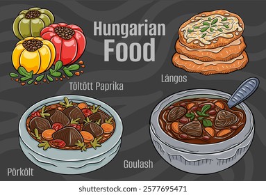 A hand-drawn vector illustration featuring a collection of famous Hungarian dishes.