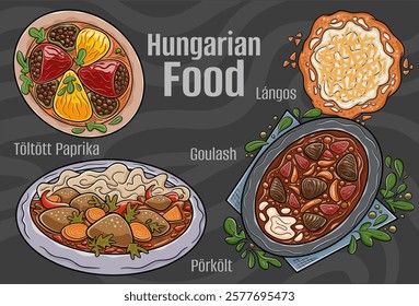 A hand-drawn vector illustration featuring a collection of famous Hungarian dishes.