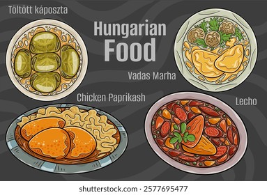 A hand-drawn vector illustration featuring a collection of famous Hungarian dishes.