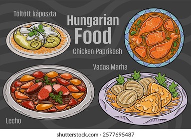 A hand-drawn vector illustration featuring a collection of famous Hungarian dishes.