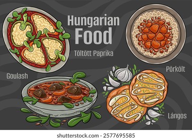 A hand-drawn vector illustration featuring a collection of famous Hungarian dishes.