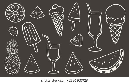 A hand-drawn vector illustration featuring a collection of summer-themed elements in white outline style on a dark background. The set includes ice cream, tropical drinks, summer fruits and other