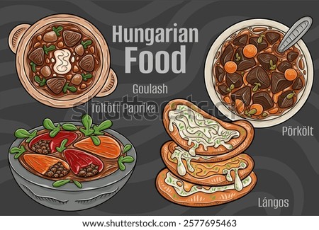 A hand-drawn vector illustration featuring a collection of famous Hungarian dishes.