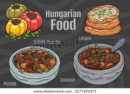 A hand-drawn vector illustration featuring a collection of famous Hungarian dishes.