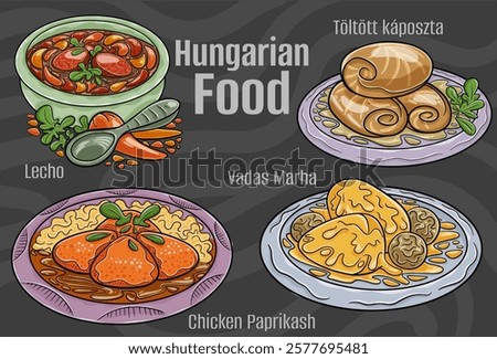 A hand-drawn vector illustration featuring a collection of famous Hungarian dishes.