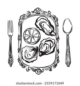 Hand-drawn vector illustration featuring oysters and lemons on a vintage tray with vintage cutlery, in trendy 2025 line art style. Perfect for menus, food branding, and vintage-themed designs.