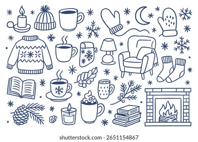 A hand-drawn vector illustration featuring a set of cozy winter doodles. The artwork showcases a warm sweater, a crackling fireplace, and various seasonal holiday elements perfect for creating a