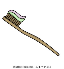 Uma ilustração vetorial desenhada à mão com uma escova de dentes de bambu sustentável com um redemoinho de dupla cor de pasta de dentes verde e roxa em suas cerdas escuras, isolada em um fundo branco.