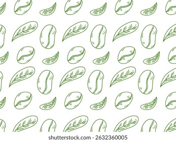 Hand-drawn vector illustration featuring two coffee beans and two coffee leaves in a clean black and white line art style. This minimalist doodle design is perfect for coffee packaging, café branding