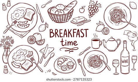 A hand-drawn vector illustration featuring a variety of breakfast foods including eggs, bread, fruit, pasta, and beverages.