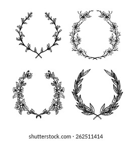 Hand-drawn vector illustration. Floral collection of laurels and wreaths . Set of vintage elements to create cards and invitations.