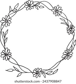 Hand-drawn vector illustration of a flower wreath on paper, featuring intricate decorative elements and leaves. Perfect for design projects