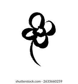 A hand-drawn vector illustration of a four-leaf clover with a brush stroke. The color is a black line drawing illustration.