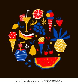 Hand-drawn vector illustration with fruits, ice cream, cocktails in flat style. Cute elements arranged in a circle. Print for baby textile, design cards, and posters