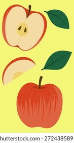 Ilustração vetorial desenhada à mão de maçãs Fuji com folhas - frutas vermelhas-rosadas frescas e doces em um estilo de desenho animado bonito e brincalhão no fundo amarelo