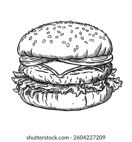 Hand-drawn vector illustration of a full hamburger with bacon and cheese