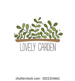 Hand-drawn vector illustration of garden plants with branches and leaves. Doodle style lettering trendy image for logos, print, social media