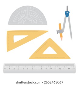 A hand-drawn vector illustration of geometry tools including a protractor, compass, two triangle rulers, and a straight ruler. Perfect for school projects, educational materials, and math-related desi