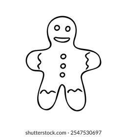 Handdrawn vector illustration of a gingerbread man cookie. Perfect for Christmas, holiday treats, and festive designs. Black-and-white line art suitable for minimalist and cheerful projects