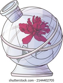 Hand-drawn vector illustration of glass flask with flower of peony. Use for design of poster, banner, website, decoration of card. 
