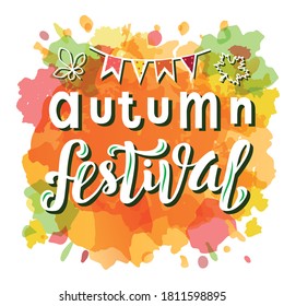 Handdrawn vector illustration with golden lettering on black background with autumn elements Autumn Festival for event, festival, picnic, invitation, celebration, advertising, poster, banner, template
