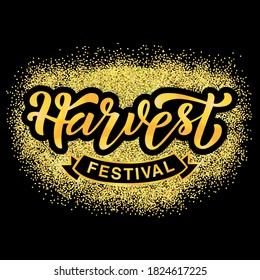 Handdrawn vector illustration with golden lettering on black background Harvest Festival for event, festival, picnic, invitation, celebration, advertising, poster, banner, print, label, template, card