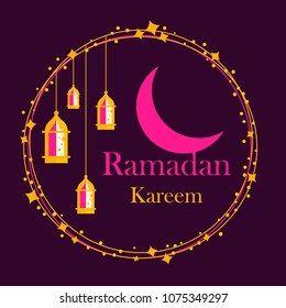 Hand-drawn Vector Illustration of Golden Ramadan lanterns with lights, pink color Crescent on a purple background with Ramadan Kareem greeting text.