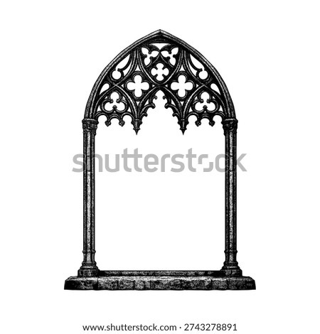 Hand-drawn vector illustration of a gothic stone arch window with ornate tracery and columns, isolated on a clean background. Vintage architectural frame with medieval cathedral details, perfect for design elements, borders, or decorative layouts.