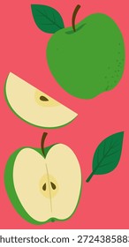 Ilustración vectorial dibujada a mano de manzanas de Granny Smith con hojas: frutas verdes ácidas y crujientes en un estilo de dibujos animados lindo y juguetón sobre fondo rojo