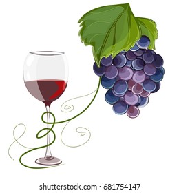 Hand-drawn vector illustration of grape and a glass of red wine.
