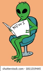 A hand-drawn vector illustration of a green humanoid alien scared by the news, who is sitting on a chair and reading a newspaper.