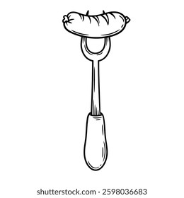 Hand-drawn  vector illustration of a grilled sausage on a fork. The vintage engraving-style sketch, beer snack, it perfect for BBQ restaurant branding, Oktoberfest promotions, and pub menu designs