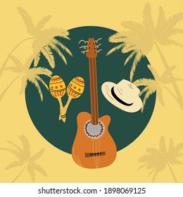 Ilustración vectorial hecha a mano de guitarra - árboles cubanos, sombrero y maracas.  Concepto de vacaciones de ambiente tropical. Diseño de camisetas.