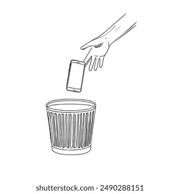 Hand-Drawn Vector Illustration of Hand Discarding Phone into Trash Can