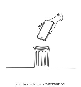 Ilustración vectorial dibujada a mano del teléfono que desecha a la basura