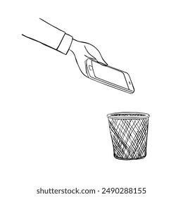 Hand-Drawn Vector Illustration of Hand Discarding Phone into Trash Can
