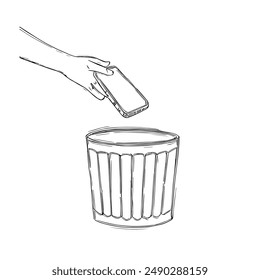 Hand-Drawn Vector Illustration of Hand Discarding Phone into Trash Can