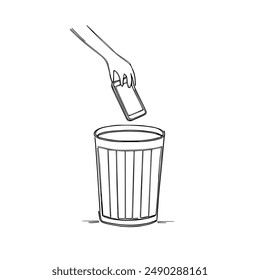 Hand-Drawn Vector Illustration of Hand Discarding Phone into Trash Can