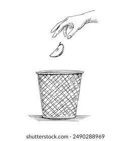 Hand-Drawn Vector Illustration of Hand Discarding Apple Core into Trash Can