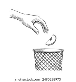 Hand-Drawn Vector Illustration of Hand Discarding Apple Core into Trash Can