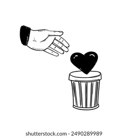 Hand-Drawn Vector Illustration of Hand Discarding Heart into Trash Can